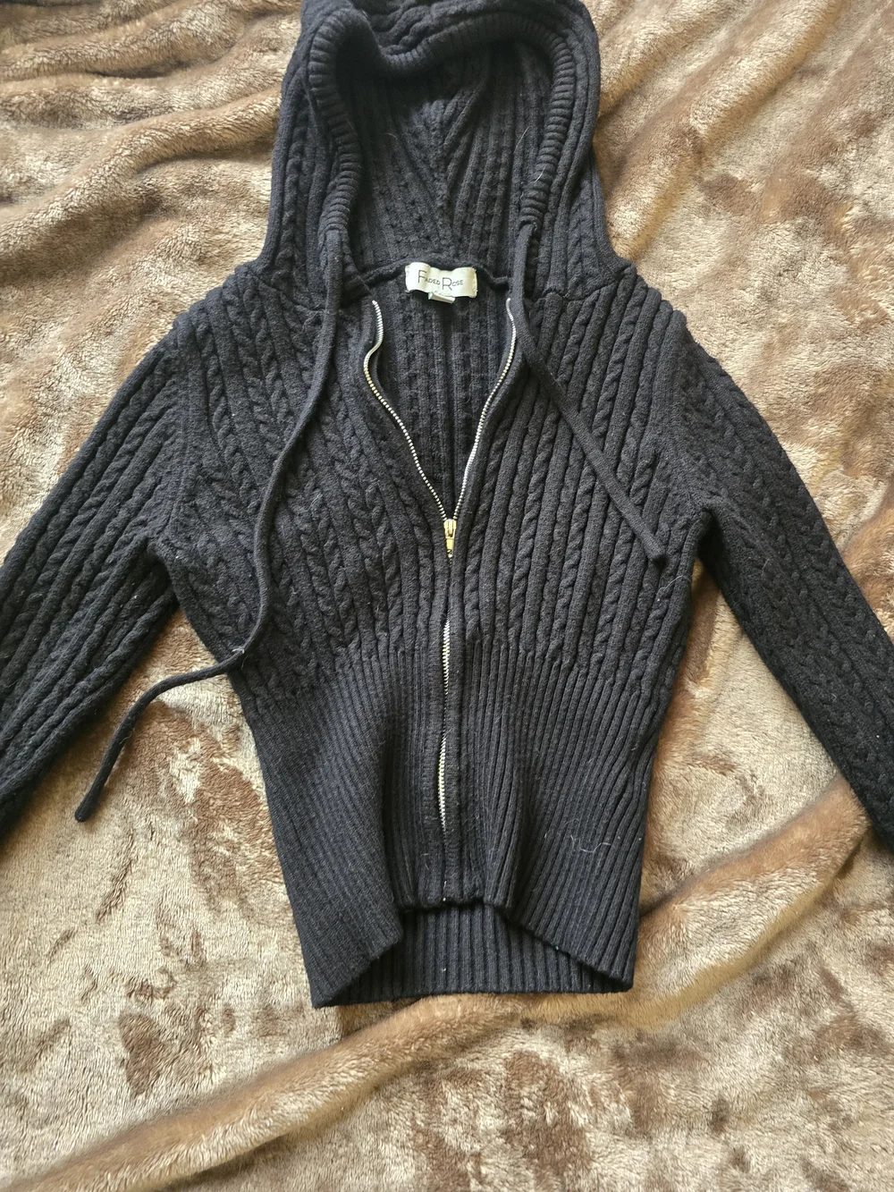 Black Cable-Knit Zip Hoodie Sweater